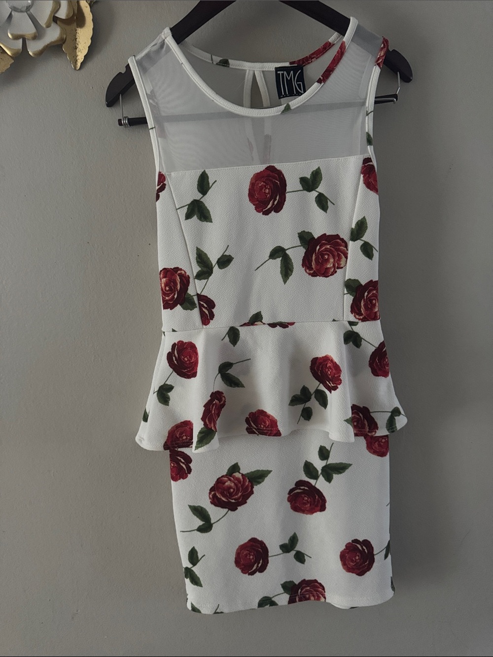 TMG White Mini Dress with Red Rose Print